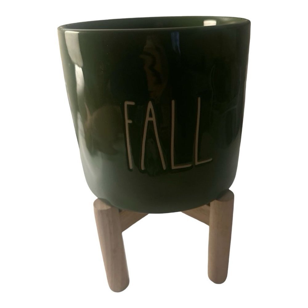 Rae Dunn FALL Planter with Wood Stand Green Ceramic‎ Succulent Decor
